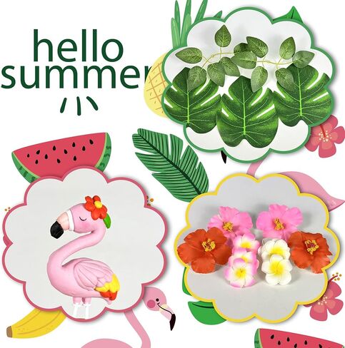 Flamingo Cake Topper Summer Cake Decorations with Artificial Flowers Palm Leaves for Hawaii Beach Supplies in Kuwait