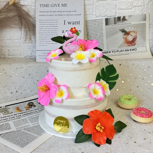 Flamingo Cake Topper Summer Cake Decorations with Artificial Flowers Palm Leaves for Hawaii Beach Supplies in Kuwait