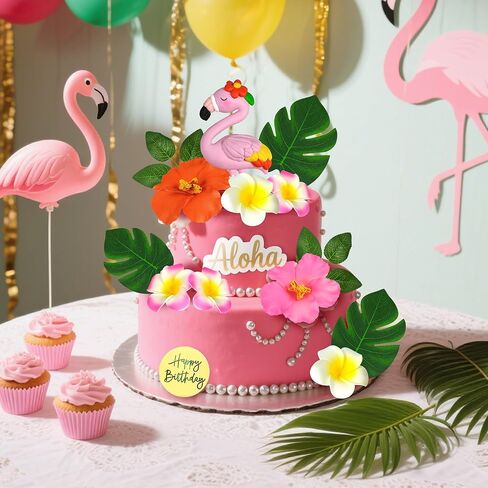 Flamingo Cake Topper Summer Cake Decorations with Artificial Flowers Palm Leaves for Hawaii Beach Supplies in Kuwait