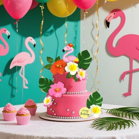 Flamingo Cake Topper Summer Cake Decorations with Artificial Flowers Palm Leaves for Hawaii Beach Supplies in Kuwait