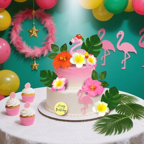 Flamingo Cake Topper Summer Cake Decorations with Artificial Flowers Palm Leaves for Hawaii Beach Supplies in Kuwait