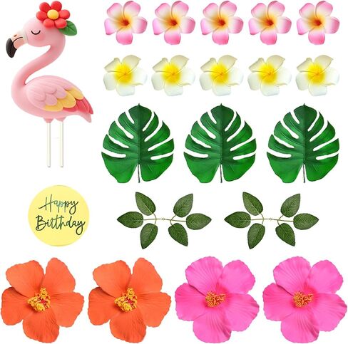 Flamingo Cake Topper Summer Cake Decorations with Artificial Flowers Palm Leaves for Hawaii Beach Supplies in Kuwait