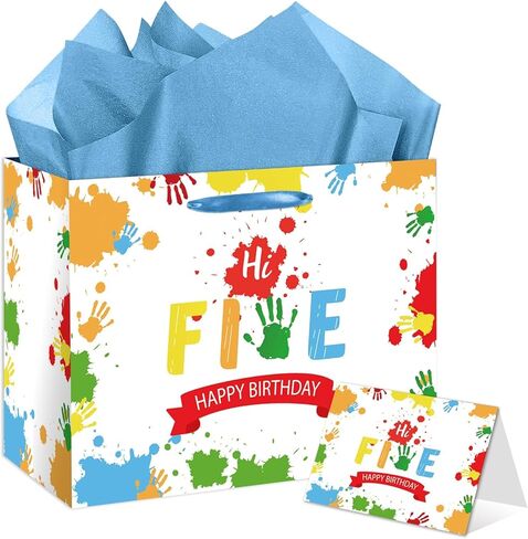HSKMAKE Hi Five 5th Birthday Gift Bags for Boys Large 5 Year Old Birthday Gift Bag with Card and Tissue Paper, for Kids Bday Party Decorations, Anniversary giving Gift, Photo Backdrop in Saudi Arabia