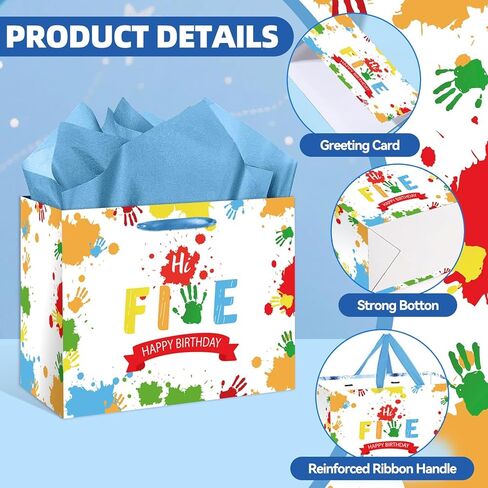 HSKMAKE Hi Five 5th Birthday Gift Bags for Boys Large 5 Year Old Birthday Gift Bag with Card and Tissue Paper, for Kids Bday Party Decorations, Anniversary giving Gift, Photo Backdrop in Saudi Arabia