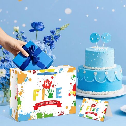 HSKMAKE Hi Five 5th Birthday Gift Bags for Boys Large 5 Year Old Birthday Gift Bag with Card and Tissue Paper, for Kids Bday Party Decorations, Anniversary giving Gift, Photo Backdrop in Saudi Arabia