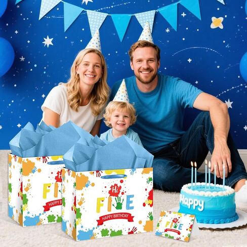 HSKMAKE Hi Five 5th Birthday Gift Bags for Boys Large 5 Year Old Birthday Gift Bag with Card and Tissue Paper, for Kids Bday Party Decorations, Anniversary giving Gift, Photo Backdrop in Saudi Arabia