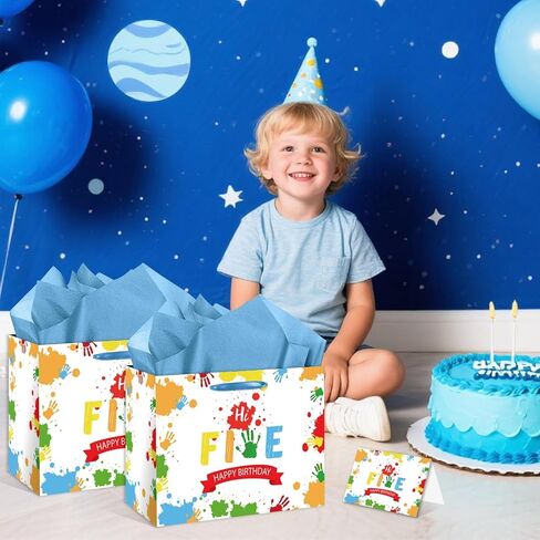 HSKMAKE Hi Five 5th Birthday Gift Bags for Boys Large 5 Year Old Birthday Gift Bag with Card and Tissue Paper, for Kids Bday Party Decorations, Anniversary giving Gift, Photo Backdrop in Saudi Arabia