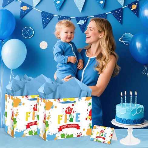 HSKMAKE Hi Five 5th Birthday Gift Bags for Boys Large 5 Year Old Birthday Gift Bag with Card and Tissue Paper, for Kids Bday Party Decorations, Anniversary giving Gift, Photo Backdrop in Saudi Arabia