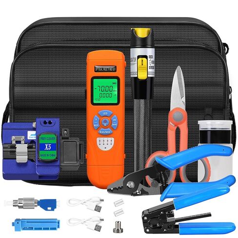 Fiber Optic Termination Tool Kit 11-in-1 Equipped Rechargeable Optical Power Meter L-C7 (-70 - +10 dBm) & VFL, Fiber Cleaver X5 and Wire Stripping Pliers, FTTH Hot melt/Cold Connection Tool Kit in Saudi Arabia