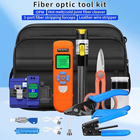 Fiber Optic Termination Tool Kit 11-in-1 Equipped Rechargeable Optical Power Meter L-C7 (-70 - +10 dBm) & VFL, Fiber Cleaver X5 and Wire Stripping Pliers, FTTH Hot melt/Cold Connection Tool Kit in Saudi Arabia