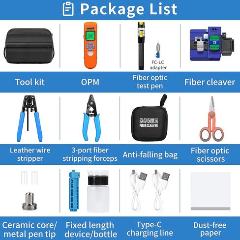 Fiber Optic Termination Tool Kit 11-in-1 Equipped Rechargeable Optical Power Meter L-C7 (-70 - +10 dBm) & VFL, Fiber Cleaver X5 and Wire Stripping Pliers, FTTH Hot melt/Cold Connection Tool Kit in Saudi Arabia