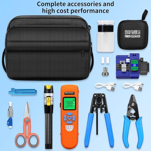 Fiber Optic Termination Tool Kit 11-in-1 Equipped Rechargeable Optical Power Meter L-C7 (-70 - +10 dBm) & VFL, Fiber Cleaver X5 and Wire Stripping Pliers, FTTH Hot melt/Cold Connection Tool Kit in Saudi Arabia