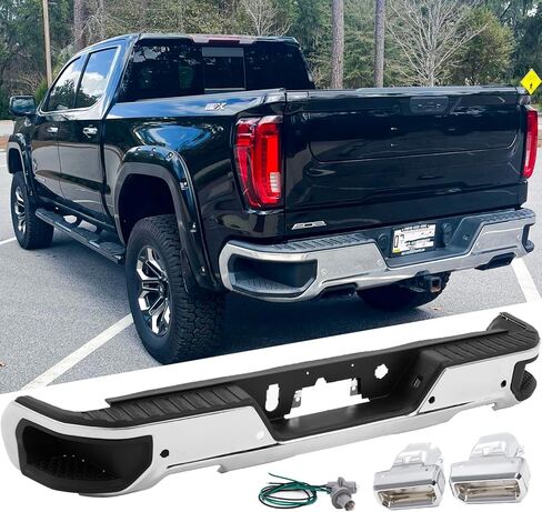 for 2019 2020 2021 2022 2023 2024 Chevy Silverado GMC Sierra 1500 Rear Bumper With Dual Exhaust With Park Sensor Holes,Chrome GM1103210 in Saudi Arabia