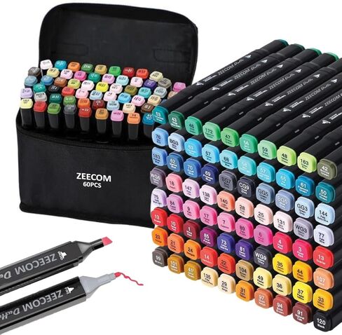 Alcohol Markers Set, 60 Colored Pens for Kids & Adults| Dual Tip Alcohol Markers with Brush Tip, Art Supplies & Coloring Marker for Drawing, Sketching & Illustration in Saudi Arabia