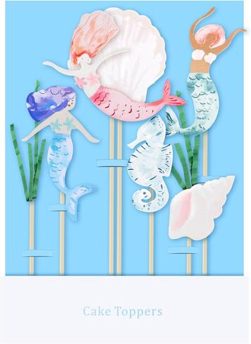 7 Pcs Mermaid Cake Toppers Under the Sea Cupcake Toppers Water Grass Shell Hippocampus Mermaid Birthday Cake Decorations for Birthday Party Supplies Seahorse Shell Seaweed in Kuwait
