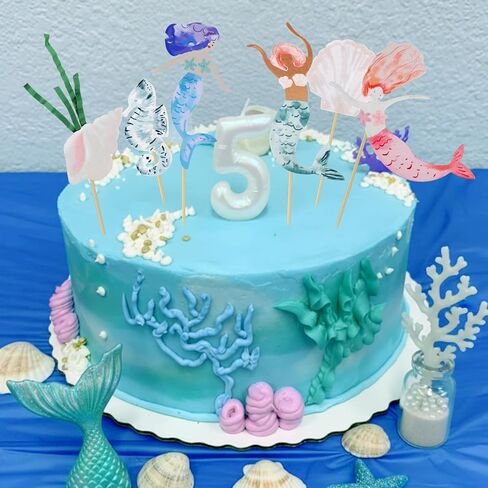 7 Pcs Mermaid Cake Toppers Under the Sea Cupcake Toppers Water Grass Shell Hippocampus Mermaid Birthday Cake Decorations for Birthday Party Supplies Seahorse Shell Seaweed in Kuwait