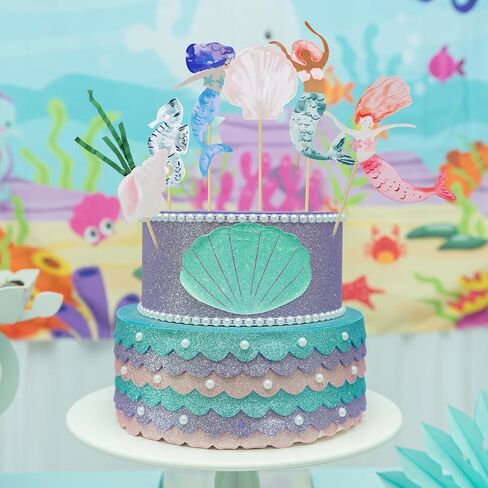 7 Pcs Mermaid Cake Toppers Under the Sea Cupcake Toppers Water Grass Shell Hippocampus Mermaid Birthday Cake Decorations for Birthday Party Supplies Seahorse Shell Seaweed in Kuwait