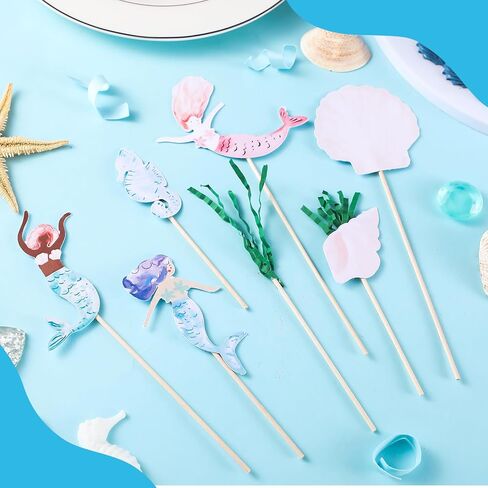 7 Pcs Mermaid Cake Toppers Under the Sea Cupcake Toppers Water Grass Shell Hippocampus Mermaid Birthday Cake Decorations for Birthday Party Supplies Seahorse Shell Seaweed in Kuwait