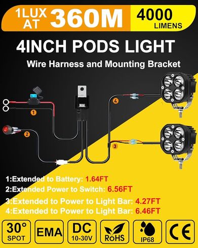 LED Pod Lights & Ditch Lights for Off Road: 3-4 Inch Amber pod Lights with Plug & Play Wiring Harness, Waterproof High Lumen for Truck, Jeep, ATV, Motorcycle | Driving & yellow Fog Light Kit in Saudi Arabia