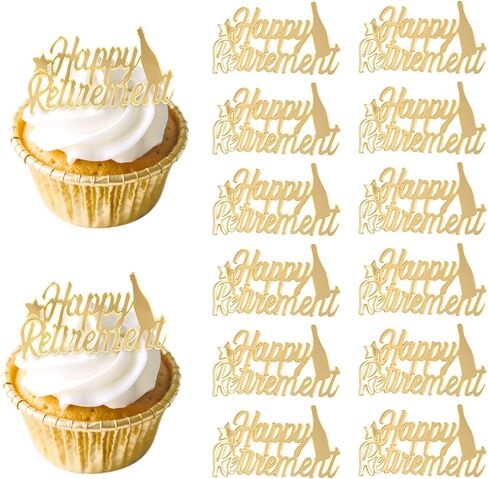 12Pcs Happy Retirement Acrylic Cupcake Toppers Gold Color, Mirror Acrylic Cupcake Picks Cake Dessert Decorations Retirement Party Supplies Photo Booth Props in Kuwait