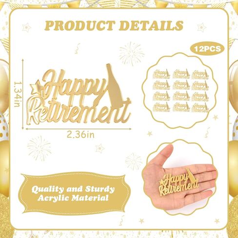 12Pcs Happy Retirement Acrylic Cupcake Toppers Gold Color, Mirror Acrylic Cupcake Picks Cake Dessert Decorations Retirement Party Supplies Photo Booth Props in Kuwait