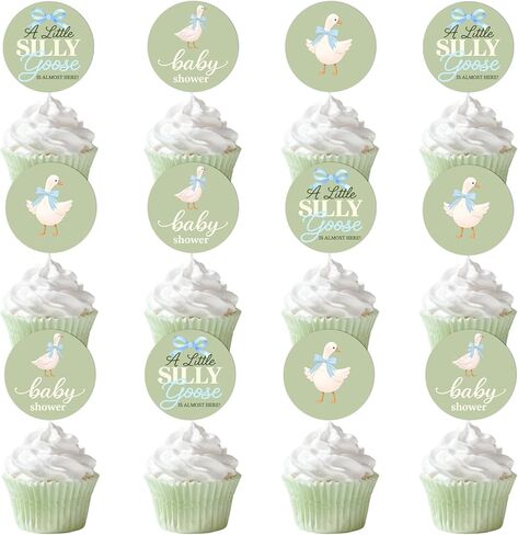 ZestZing 36Pcs A Little Silly Goose Cupcake Toppers, Double-Sided Blue Goose Baby Shower Decorations, Green Bow Floral Farm Theme Cupcake Picks for Gender Neutral Baby Shower Party Supplies in Saudi Arabia