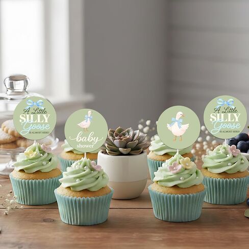 ZestZing 36Pcs A Little Silly Goose Cupcake Toppers, Double-Sided Blue Goose Baby Shower Decorations, Green Bow Floral Farm Theme Cupcake Picks for Gender Neutral Baby Shower Party Supplies in Saudi Arabia