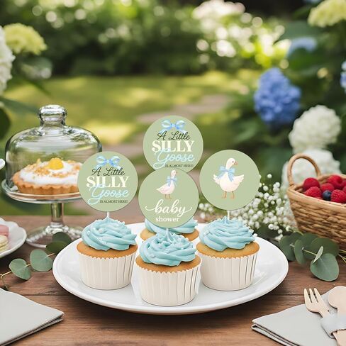 ZestZing 36Pcs A Little Silly Goose Cupcake Toppers, Double-Sided Blue Goose Baby Shower Decorations, Green Bow Floral Farm Theme Cupcake Picks for Gender Neutral Baby Shower Party Supplies in Saudi Arabia