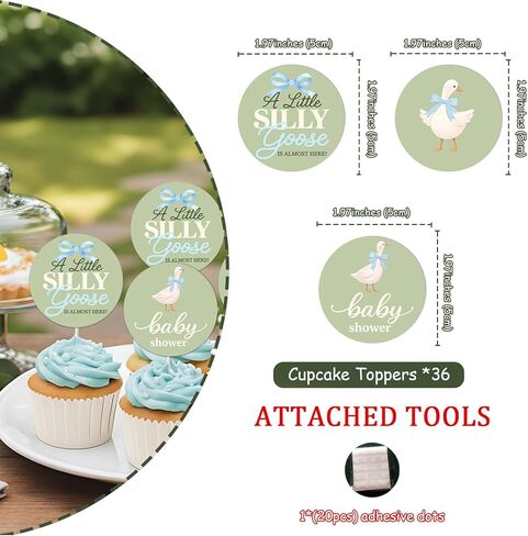 ZestZing 36Pcs A Little Silly Goose Cupcake Toppers, Double-Sided Blue Goose Baby Shower Decorations, Green Bow Floral Farm Theme Cupcake Picks for Gender Neutral Baby Shower Party Supplies in Saudi Arabia
