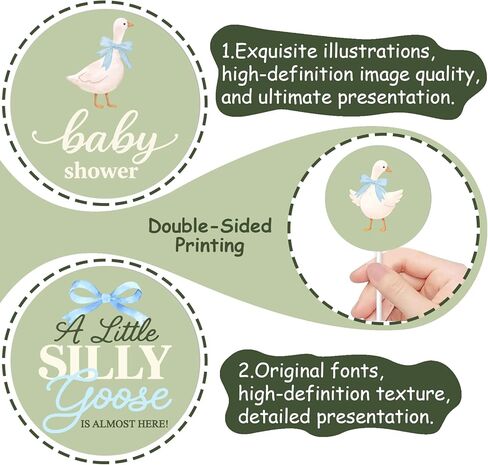 ZestZing 36Pcs A Little Silly Goose Cupcake Toppers, Double-Sided Blue Goose Baby Shower Decorations, Green Bow Floral Farm Theme Cupcake Picks for Gender Neutral Baby Shower Party Supplies in Saudi Arabia