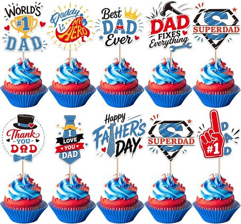 36 Pack Happy Father's Day Cupcake Toppers World's No.1 Dad Best Dad Ever Super Dad Cupcake Picks Dad is My Hero Cake Decorations for Happy Father's day Theme Men Birthday Party Supplies in Kuwait