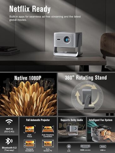 【2200ANSI & Officially-Licensed APP】Smart 4K Projector with WiFi and Bluetooth, VISSPL 3D Dolby Audio and Auto Focus Portable Outdoor Projector, Movie Home Theater Proyector with 360° Adjustable Stand in Saudi Arabia