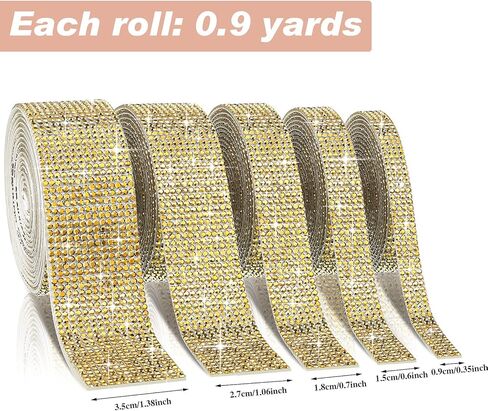 5 Rolls Self Adhesive Crystal Rhinestone Diamond Roll Ribbon Bling Gemstone Strips Sticker Rhinestone for Craft with 2 mm Rhinestone 4.5 Yards (Gold) in Kuwait