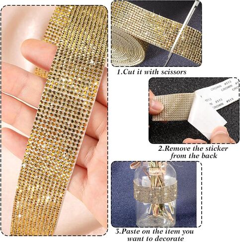 5 Rolls Self Adhesive Crystal Rhinestone Diamond Roll Ribbon Bling Gemstone Strips Sticker Rhinestone for Craft with 2 mm Rhinestone 4.5 Yards (Gold) in Kuwait