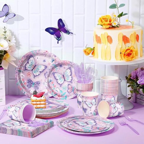168pcs Butterfly Party Decorations Paper Plates Napkins Cups Disposable Tableware Set Floral Butterfly Party Supplies for Girls Kids Birthday Decor Serves 24 in Saudi Arabia