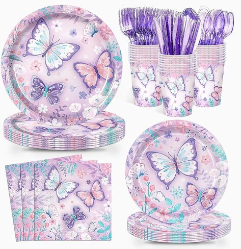 168pcs Butterfly Party Decorations Paper Plates Napkins Cups Disposable Tableware Set Floral Butterfly Party Supplies for Girls Kids Birthday Decor Serves 24 in Kuwait