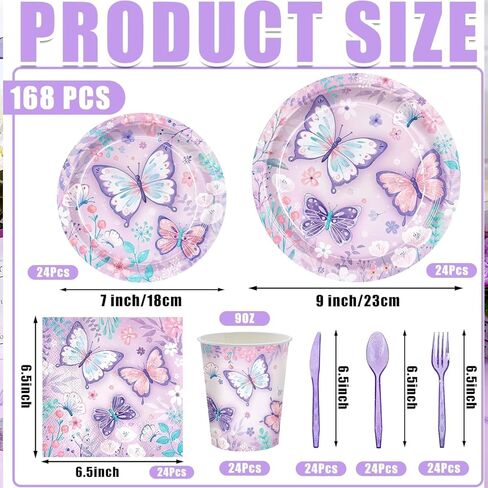 168pcs Butterfly Party Decorations Paper Plates Napkins Cups Disposable Tableware Set Floral Butterfly Party Supplies for Girls Kids Birthday Decor Serves 24 in Kuwait