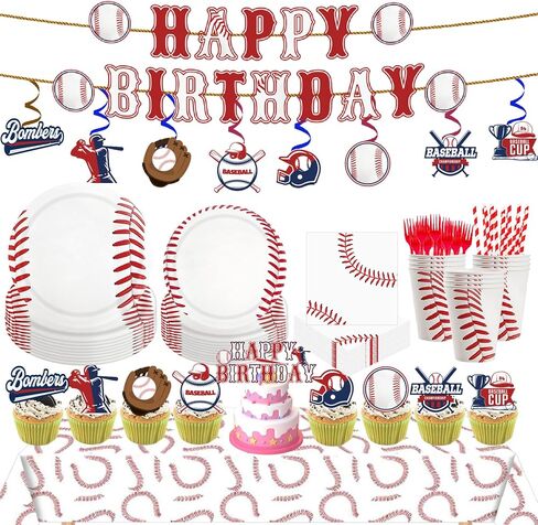 163pcs Baseball Themed Birthday Party Supplies Including Banner,Dinner Plates,Napkins,Forks Disposable Paper Tableware Set Baseball Party Decorations for Kids Serve 24 Guests in Saudi Arabia
