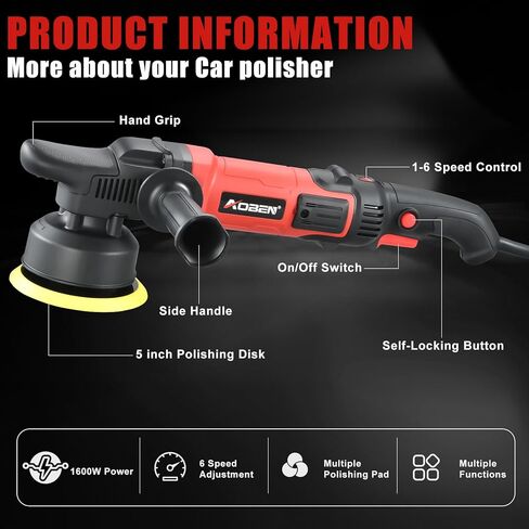 AOBEN 5 inch Dual Action Polisher,16mm Long Orbit Random Car Buffer Polisher,Buffer Polisher kit with 6 Variable Speed 1000-5500rpm,Detachable Handle,7 Buffing Pads for Car Polishing and Waxing in Kuwait