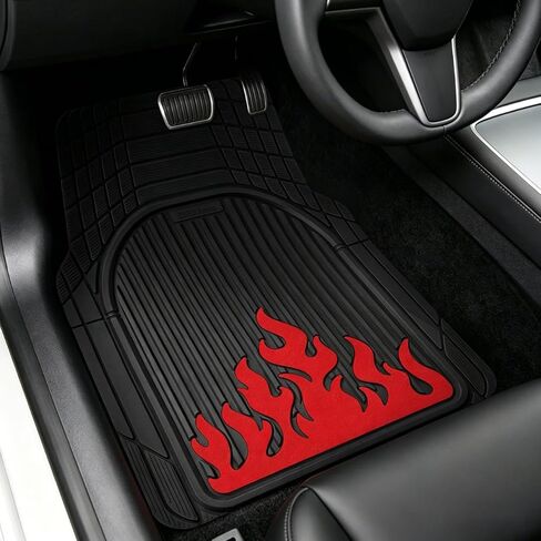 Heavy Duty Rubber Car Mats Flame Design (Inferno Red), 4-Piece Deep Waterproof Floor Mats Set (Front & Rear Full Set), All Weather Universal Trim to Fit Automotive SUV Sedan Truck in Kuwait