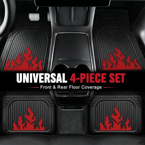 Heavy Duty Rubber Car Mats Flame Design (Inferno Red), 4-Piece Deep Waterproof Floor Mats Set (Front & Rear Full Set), All Weather Universal Trim to Fit Automotive SUV Sedan Truck in Kuwait