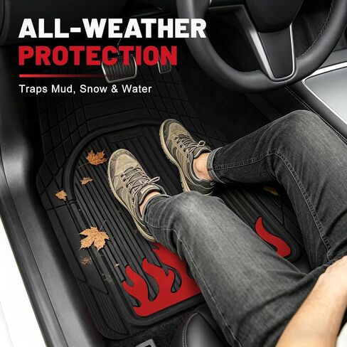 Heavy Duty Rubber Car Mats Flame Design (Inferno Red), 4-Piece Deep Waterproof Floor Mats Set (Front & Rear Full Set), All Weather Universal Trim to Fit Automotive SUV Sedan Truck in Kuwait