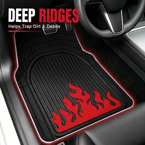Heavy Duty Rubber Car Mats Flame Design (Inferno Red), 4-Piece Deep Waterproof Floor Mats Set (Front & Rear Full Set), All Weather Universal Trim to Fit Automotive SUV Sedan Truck in Kuwait