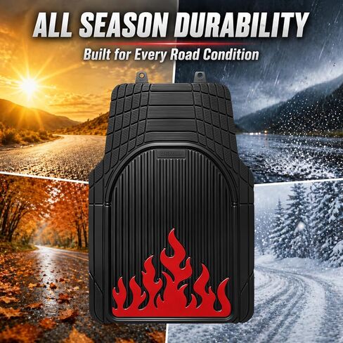 Heavy Duty Rubber Car Mats Flame Design (Inferno Red), 4-Piece Deep Waterproof Floor Mats Set (Front & Rear Full Set), All Weather Universal Trim to Fit Automotive SUV Sedan Truck in Kuwait