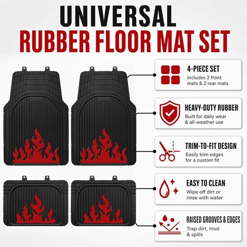 Heavy Duty Rubber Car Mats Flame Design (Inferno Red), 4-Piece Deep Waterproof Floor Mats Set (Front & Rear Full Set), All Weather Universal Trim to Fit Automotive SUV Sedan Truck in Kuwait