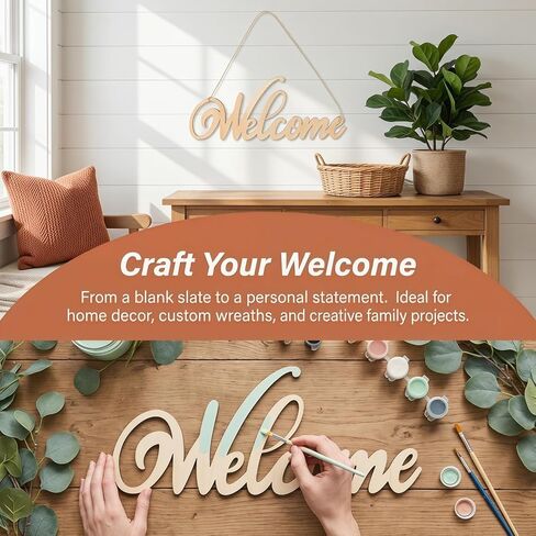 Didiseaon 4Pcs Unfinished Wood Cutout Welcome Sign Blank Wooden Word Letter Wreath Craft Supply Front Door Wall Art Hanging Plaque Home Room Decor DIY Paint Project Board Studio Artist Child 11 Inch in Kuwait