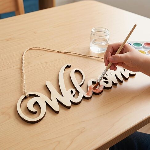 Didiseaon 4Pcs Unfinished Wood Cutout Welcome Sign Blank Wooden Word Letter Wreath Craft Supply Front Door Wall Art Hanging Plaque Home Room Decor DIY Paint Project Board Studio Artist Child 11 Inch in Kuwait