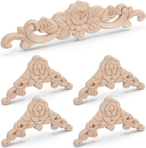 5Pcs Wood Appliques Onlays Decorative, DIY Handmade Carved Unpainted Corner Decoration, Wood Rose Appliques Onlays for Bed Door Wall Cabinet Wardrobe Furniture Mirror Fireplace Mantels Decor in Saudi Arabia