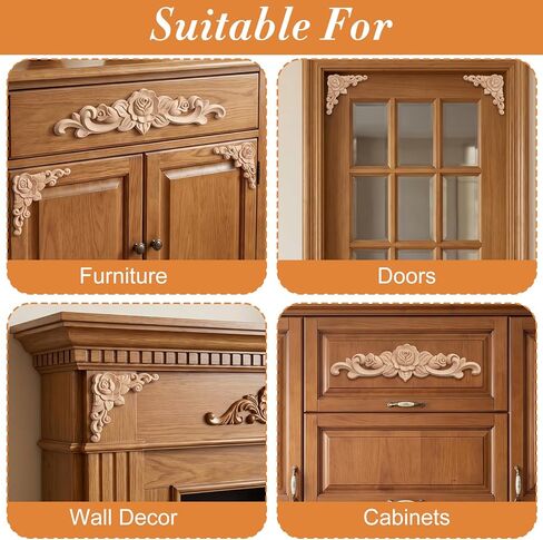 5Pcs Wood Appliques Onlays Decorative, DIY Handmade Carved Unpainted Corner Decoration, Wood Rose Appliques Onlays for Bed Door Wall Cabinet Wardrobe Furniture Mirror Fireplace Mantels Decor in Saudi Arabia