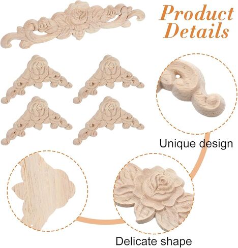 5Pcs Wood Appliques Onlays Decorative, DIY Handmade Carved Unpainted Corner Decoration, Wood Rose Appliques Onlays for Bed Door Wall Cabinet Wardrobe Furniture Mirror Fireplace Mantels Decor in Saudi Arabia